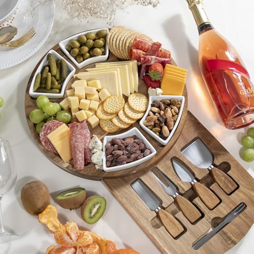 Acacia Cheese Board Gift Set with Ceramic Bowls and Utensils