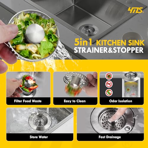 5-in-1 Stainless Steel Sink Aid, Kitchen Sink Drain Strainer Food Catcher, Popup Kitchen Sink Stopper & Odor Filter, Kitchen Sink Strainer Accessories with Drain Basket