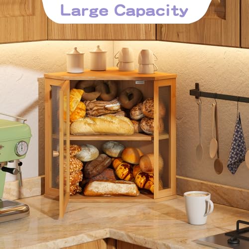 Corner Bread box for Kitchen Countertop (Natural / Extra Large)