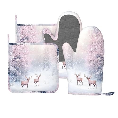 Oven Mitts Pot Holders Set Winter Deer Forest Christmas Silicone Kitchen Gloves Potholders Heat Resistant for Chef Baking Cooking Grilling BBQ 4 Pack Mitt (C03)