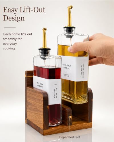 Glass Oil and Vinegar Dispenser Set with Acacia Wood Stand (Clear)