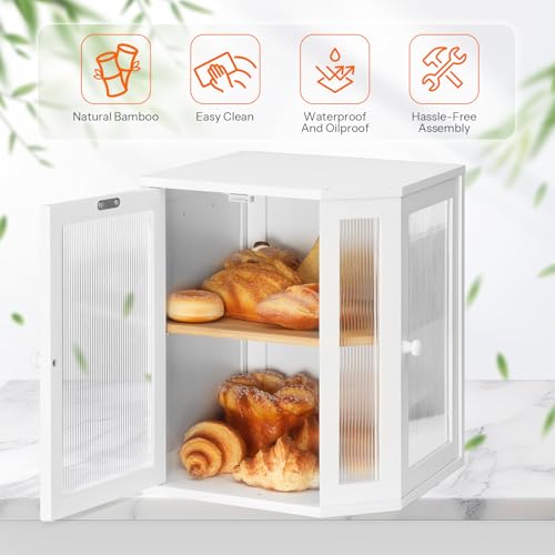 Bread Box Bamboo Bread Box for Kitchen Countertop (White)
