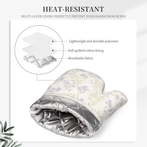 Oven Mitts Pot Holders Set Pastel Flower Pattern Silicone Kitchen Gloves Potholders Heat Resistant for Chef Baking Cooking Grilling BBQ 4 Pack Mitt (B0115)