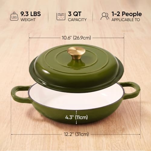 Dutch Oven Enameled Cast Iron with Lid (Golden Green / 3 QT（Shallow Pot）)