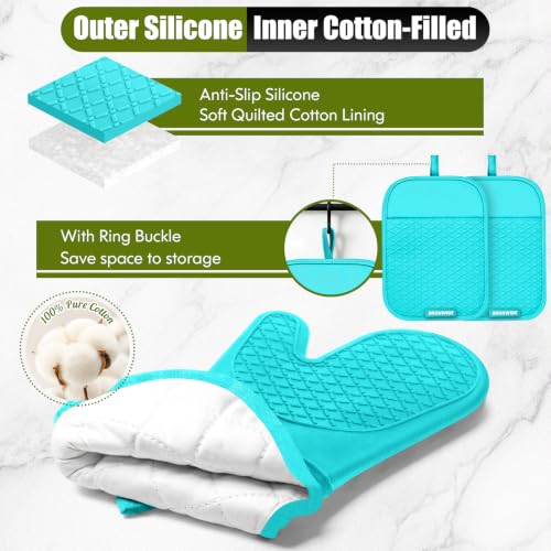 Silicone Oven Mitts and Pot Holders with Kitchen Towels and Dishcloths Sets (Lake Blue)