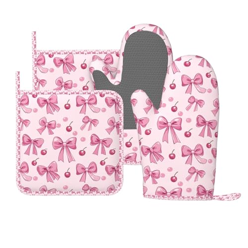 Oven Mitts Pot Holders Set Pink Bow Pattern Cherry Silicone Kitchen Gloves Potholders Heat Resistant for Chef Baking Cooking Grilling BBQ 4 Pack Mitt (B021)