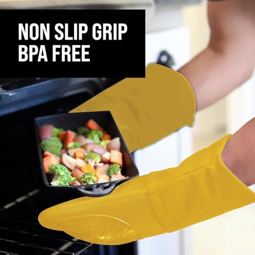 BPA Free Soft Silicone Oven Mitts (Yellow / 2-Piece 13.7" Oven Mitts)