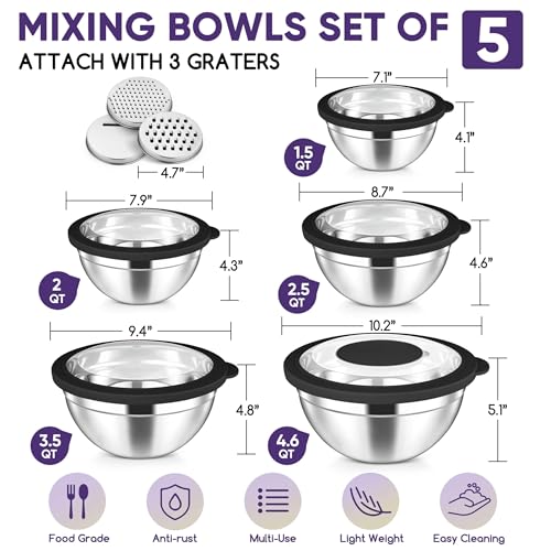5 Piece Mixing Bowls with Visible Lids (Black / 4.6, 3.5, 2.5, 2, 1.5QT)
