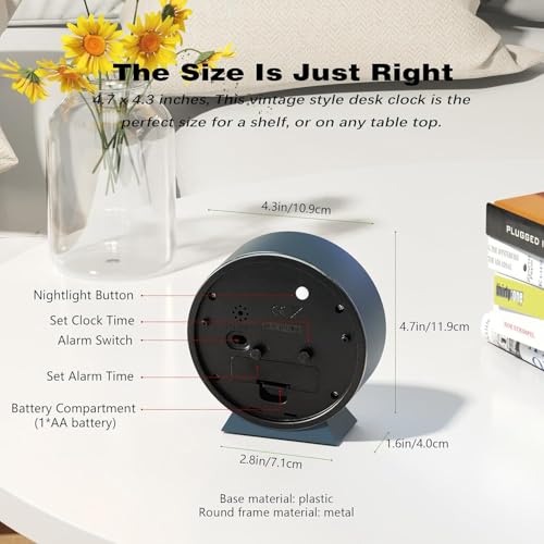 4.5 inch Analog Alarm Clock 1 Year Warranty (Blue Round Alarm Clock)
