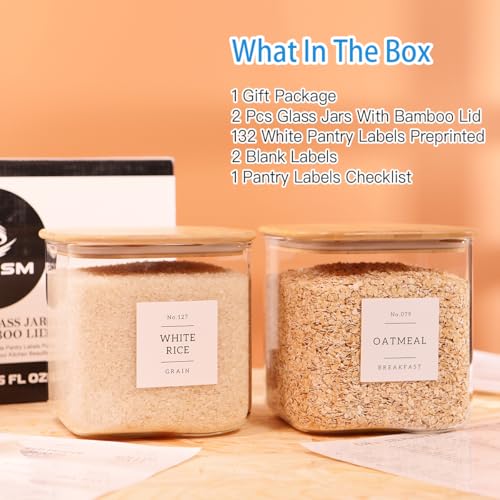 2 Pack Square Glass Flour and Sugar Containers with 132 Kitchen Pantry Labels