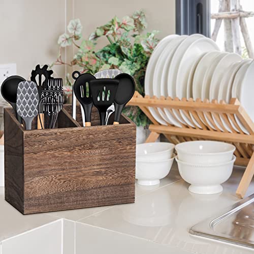 Rustic Wooden Utensil Caddy With 2 Compartments