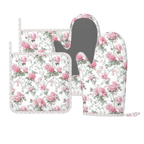 Oven Mitts Pot Holders Set Vintage Floral Silicone Kitchen Gloves Potholders Heat Resistant for Chef Baking Cooking Grilling BBQ 4 Pack Mitt (A0612)