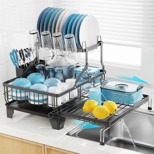 Large 2 Tier Dish Drying Rack (Black / 2-Tier, Expandable 14.4"-22.4" W)