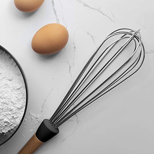 Non Stick Silicone Utensil Set with Rounded Wood Handles for Cooking and Baking (6 Piece Set / Black)