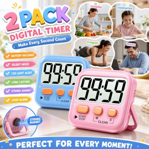 2 Pack Digital Timer for Kids Classroom Kitchen Timers for Cooking (2 * Dreamy Pink + Blue ( 95%+select for Boy & Girl ))