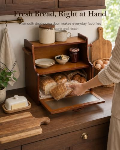 Bread Box for Kitchen Countertop Large Capacity with Shelf Organizer (Brown)