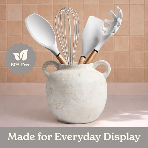 Non Stick Silicone Utensil Set with Rounded Wood Handles for Cooking and Baking (8 Piece Set / White)