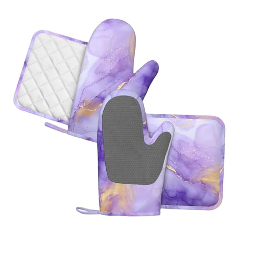 Oven Mitts and Pot Holders Pastel Purple Marble Silicone Kitchen Accessories Set of 4 Heat Resistant Long Gloves Potholder Non (A063213)