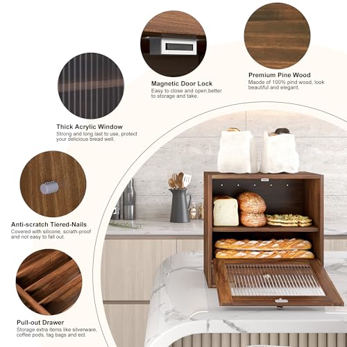 Wooden Bread Box for Kitchen Countertop (Retro Brown)