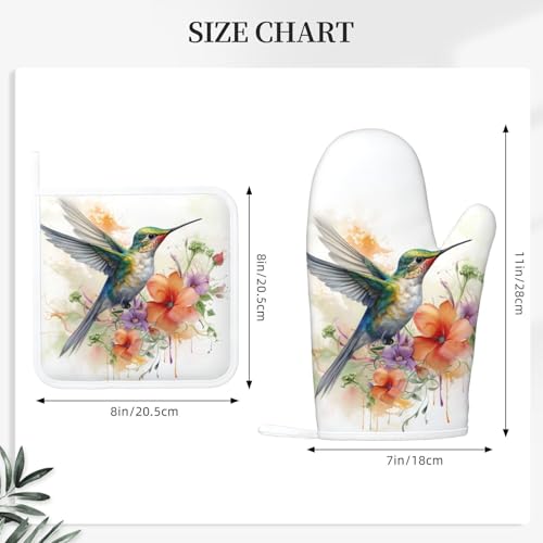 Oven Mitts and Pot Holders Watercolor Hummingbird Flower Silicone Kitchen Accessories Set of 4 Heat Resistant Long Gloves Potholder Non (B02)