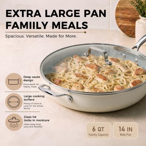 14 INCH Ceramic Nonstick Deep Frying Pan with Lid (Cream & Grey / 14 Inch /6 QT)