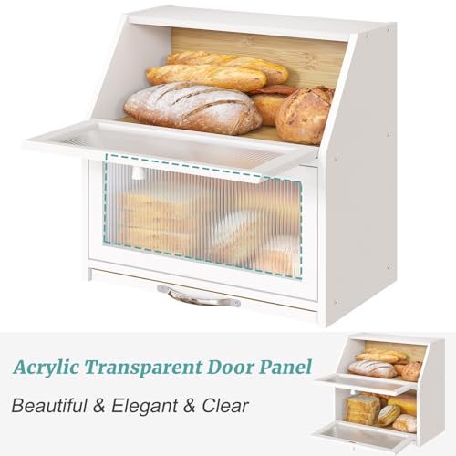 Extra Large Bread Box with Cutting Board Bamboo Wood Bread Box for Kitchen Counter (White)