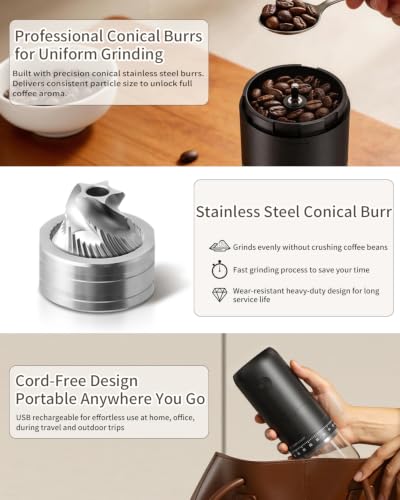 Rechargeable Electric Burr Coffee Grinder Portable Cordless Coffee Bean Grinder with Stainless Steel Conical Burr