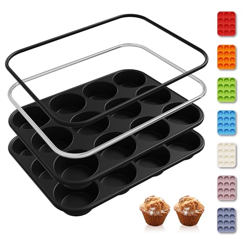 2 Pack 12 Cups Silicone Muffin Pan with Metal Reinforced Frame Regular Size