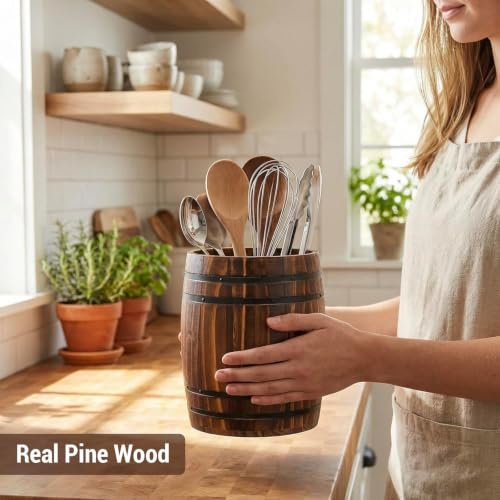 Rustic Wood Wine Barrel Design Kitchen Utensil Crock