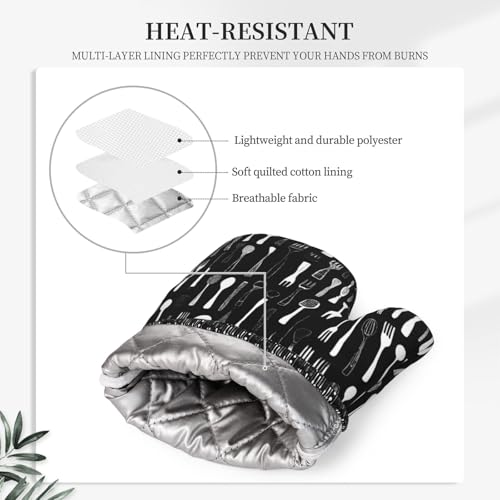 Oven Mitts Pot Holders Set Fork Spoon Pattern Black Silicone Kitchen Gloves Potholders Heat Resistant for Chef Baking Cooking Grilling BBQ 4 Pack Mitt (B0114)