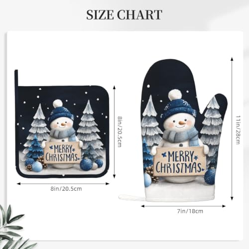 Oven Mitts and Pot Holders Set Snowman Christmas Black Silicone Kitchen Accessories 4 Piece Heat Resistant Long Gloves Potholder Non (C02)