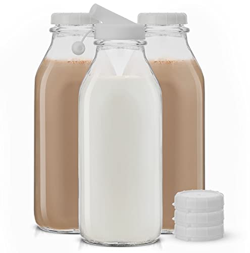 Glass Milk Bottles with Lids and Pourer