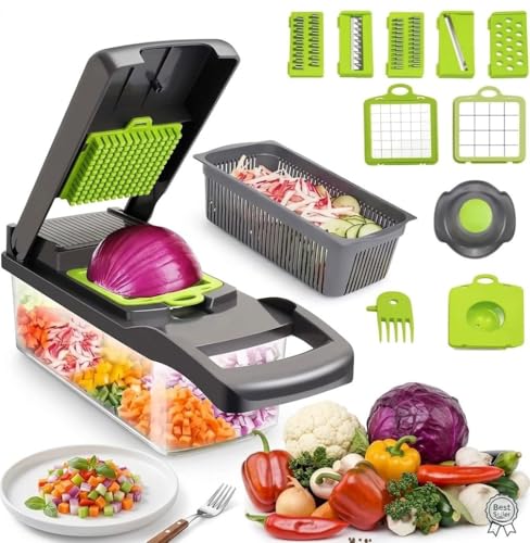 16-in-1 Vegetable Chopper, Vegetable Cutter & Slicer with Container, Multifunctional Manual Food Dicer, Shredder, Grater & Julienne Cutter for Kitchen