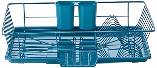 3 Piece Dish Drainer Rack Set with Drying Board and Utensil Holder (Teal)