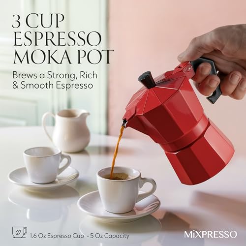 3 Cup Moka Pot Stovetop Espresso Maker (Red / 3 Espresso Cups with Mug)