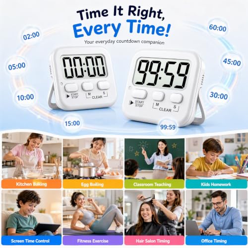 2 Pack Digital Timer for Kids Classroom Kitchen Timers for Cooking (2 * Pure White)