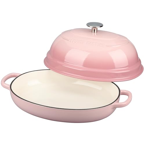 Enameled Oval Cast Iron Dutch Oven Pot with Lid (Pink)