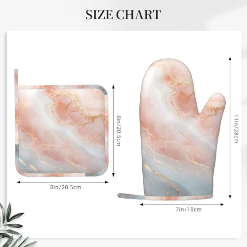 Oven Mitts Pot Holders Set Marble Light Pink Abstract Silicone Kitchen Gloves Potholders Heat Resistant for Chef Baking Cooking Grilling BBQ 4 Pack Mitt (C092)