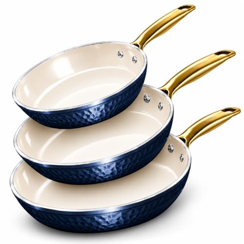 Hammered 3 Pc Titanium Ceramic Nonstick Frying Pans Set (Hammered Navy)