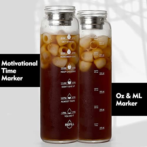 32 oz Motivational Glass Water Bottles with Bamboo Lid Straw and Time Marker