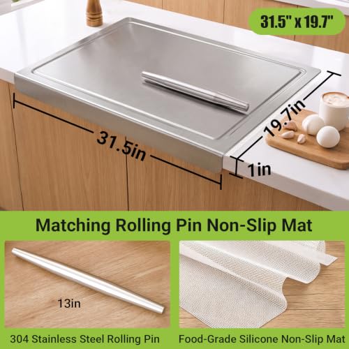 31.5x19.7 Stainless Steel Cutting Board with Lip and Juice Groove (31.5"L x 19.7"W)