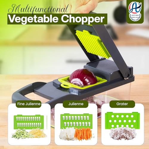 16-in-1 Vegetable Chopper & Mandoline Slicer, Heavy-Duty Food Chopper with 8 Stainless Steel Blades, Onion Dicer, Veggie Cutter, Drain Basket, Egg Separator & Storage Container