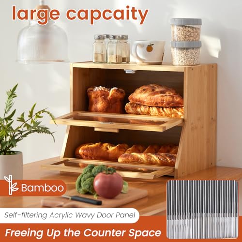 Double Layer Bamboo Bread Box for Kitchen Counter (Natural / Medium)