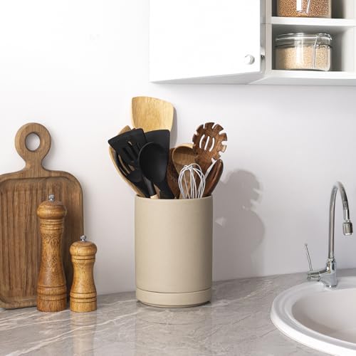 2-in-1 Ceramic Utensil Holder Set for Countertop, Cooking Utensil Crocks for Kitchen Counter, Large Modern Organizer for Spatulas & Spoons, Kitchen Decor, Pottery Clay