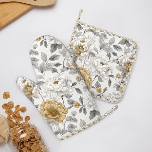 Oven Mitts Pot Holders Set Rustic Flower Peony Floral Silicone Kitchen Gloves Potholders Heat Resistant for Chef Baking Cooking Grilling BBQ 4 Pack Mitt (B0118)