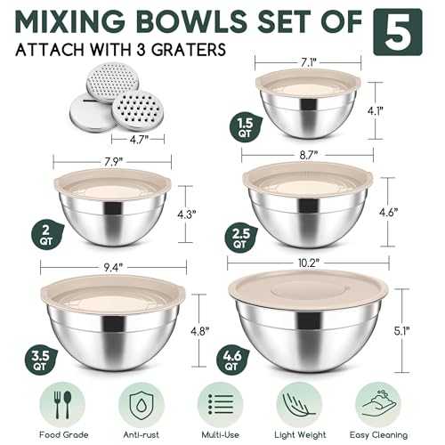 5 Piece Nesting Mixing Bowls with Lids (Khaki / 4.6, 3.5, 2.5, 2, 1.5QT)