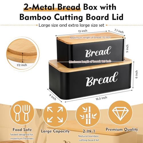 2 Pcs Extra Large Bread Box for Kitchen Counter with Slicer (Black)