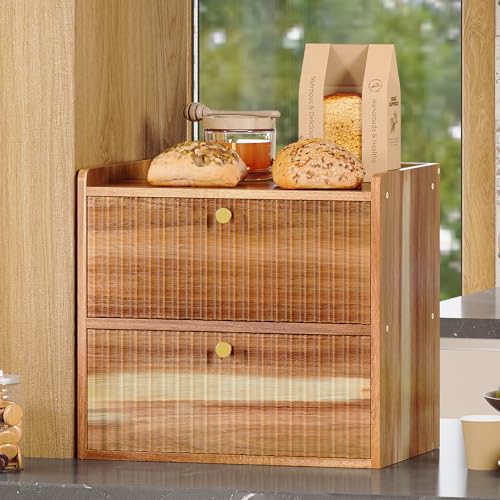 Rustic Bread Box for Kitchen Countertop Bamboo Bread Storage Container Bin Double Layer BreadBox Farmhouse Large Capacity Food Organizer