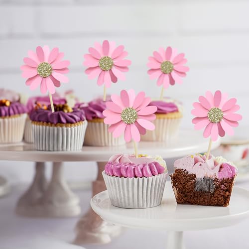 24Pcs Daisy Cupcake Toppers Flower Cake Topper Decorations Daisy Cake Decorations Chrysanthemum Cupcake Toppers Spring Daisy Flower Cake Picks