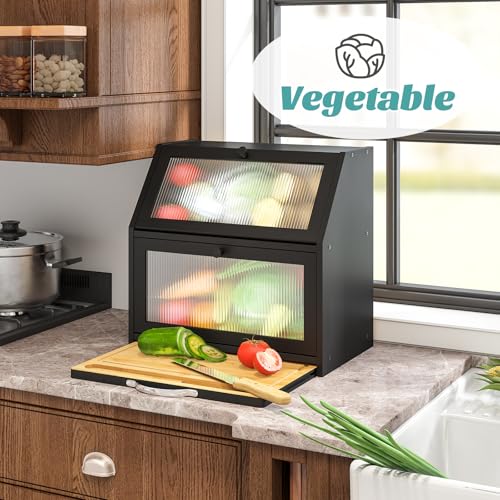 Extra Large Bread Box with Cutting Board Bamboo Wood Bread Box for Kitchen Counter (Black)